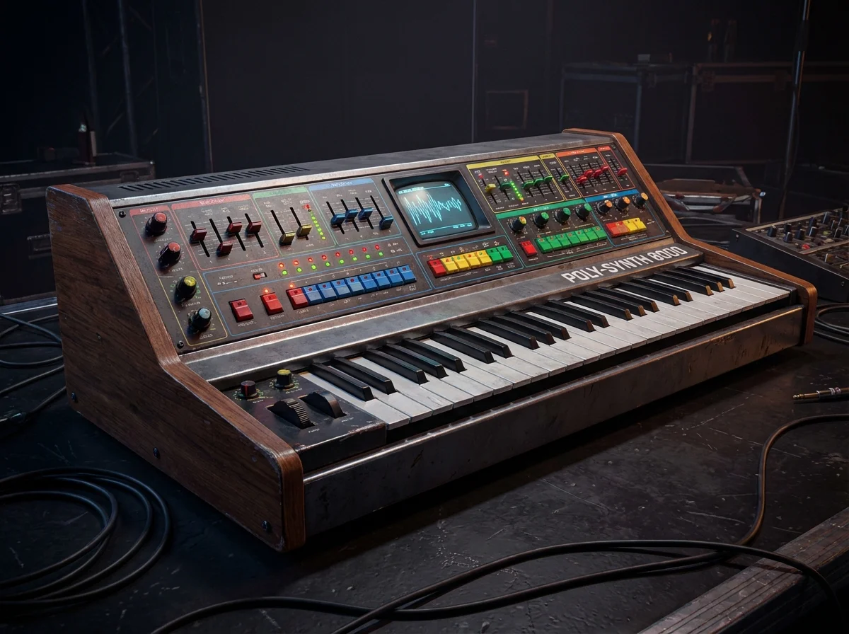 Illustration of a classic 1980s analog polyphonic synthesizer with a colorful control panel